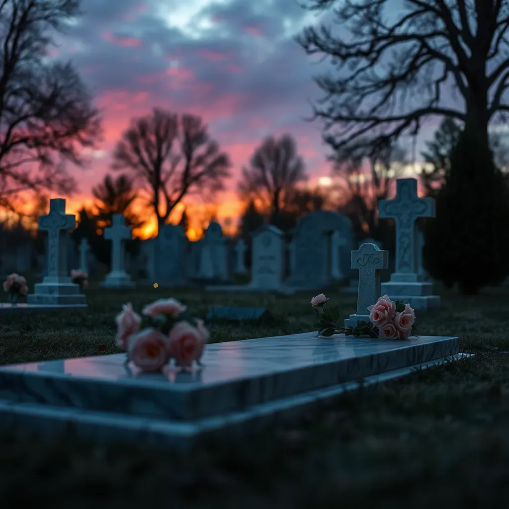 Alignement de stèles et pierres tombales dans un cimetière au coucher du soleil.